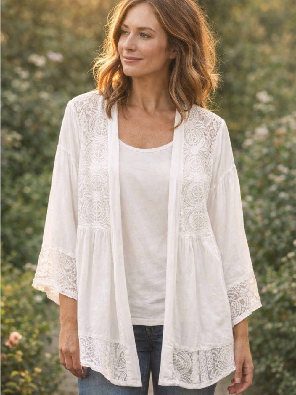POL Clothing White Boho Lace Patchwork Open Front Kimono Cardigan